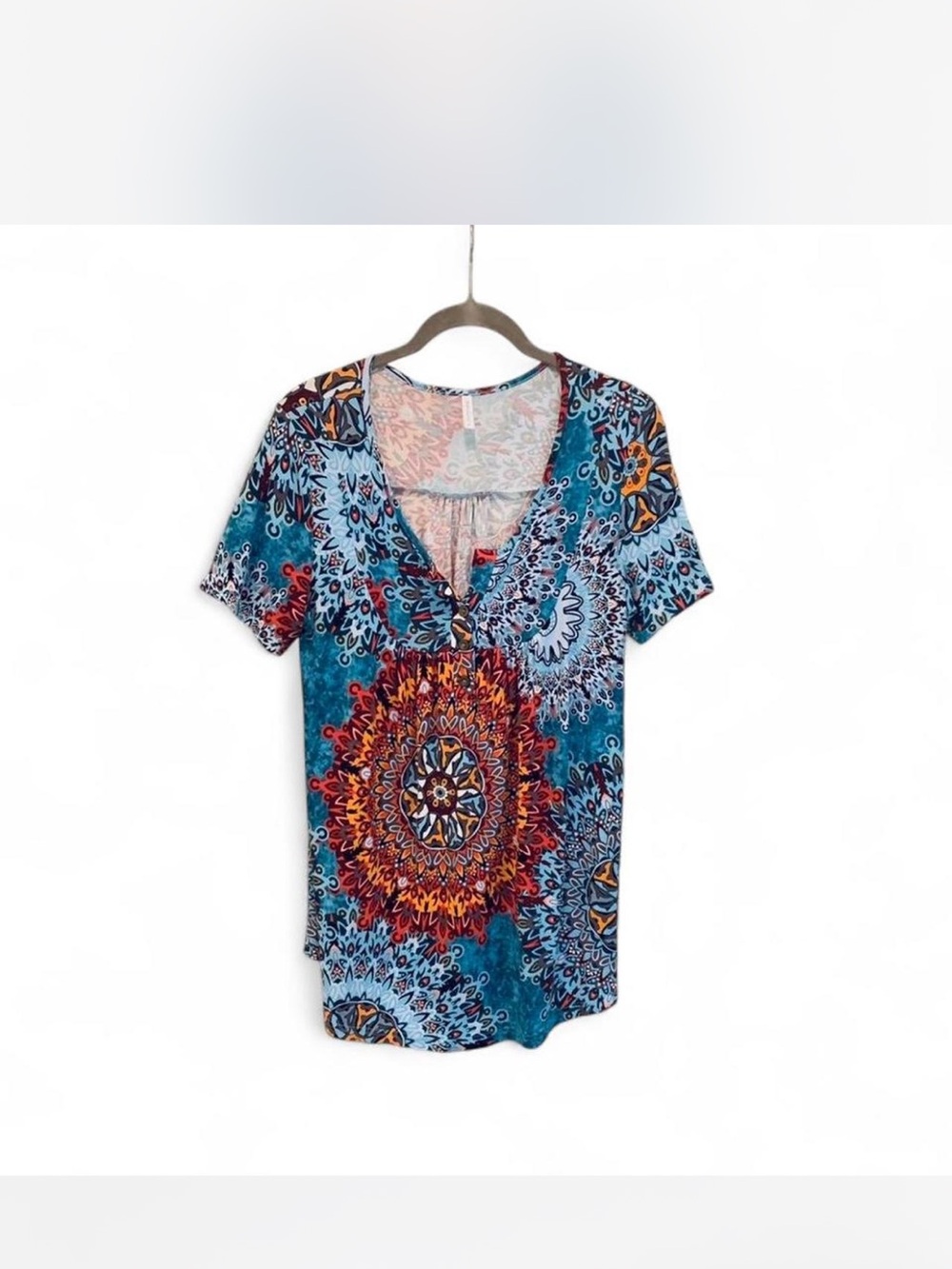 Boho Hippie Pop Young Teal Blue Medallion V-Neck Short Sleeve Top size M